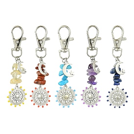 Natural & Synthetic Gemstone Chip Pendant Decorations, Alloy Flat Round with Sun Charm for Bag Key Ornaments