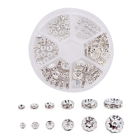 Brass Rhinestone Spacer Beads, Grade AAA, Straight Flange, Silver Color Plated, Rondelle