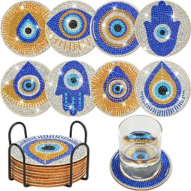 DIY 5D Diamond Painting Evil Eye Theme Cup Mat Kits, including Wood Cup Mat, Resin Rhinestones, Diamond Sticky Pen, Tray Plate and Glue Clay