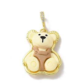 Opaque Resin Pendants, Large Hole Pendant, with Real 18K Gold Plated Brass Findings & Clear Cubic Zirconia, Cadmium Free & Lead Free, Bear