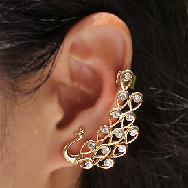 Peacock Ear Cuff Earrings with Hollow-out Design and Rhinestone for Women