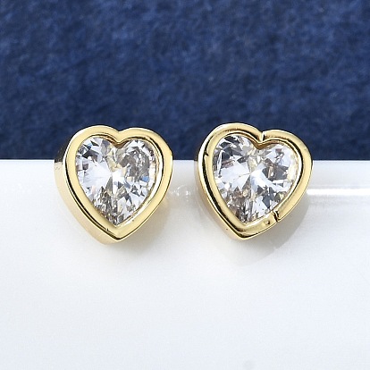 Женские серьги-гвоздики из латуни с микропаве и прозрачным кубическим цирконием, сердце