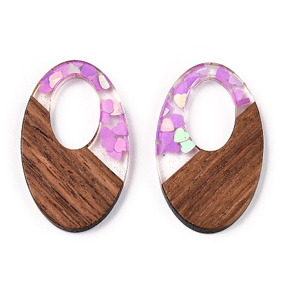 Resin & Walnut Wood Pendants, Oval Charms with Paillettes