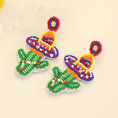 Женские серьги-гвоздики ручной работы со стеклянными бусинами и узором кактуса, платина