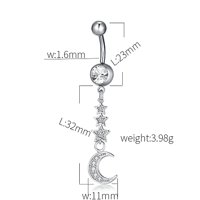 Piercing Jewelry, Brass Cubic Zirconia Navel Ring, Belly Rings, with 304 Stainless Steel Bar, Lead Free & Cadmium Free, Moon with Star