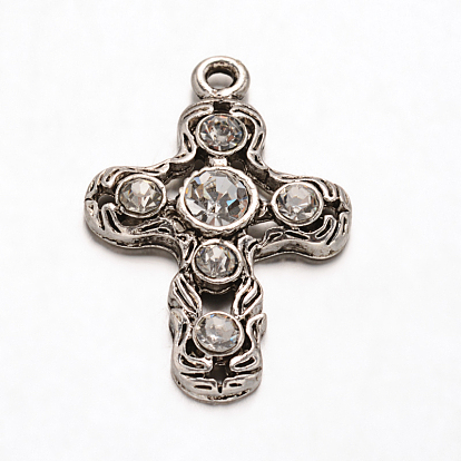 Latin Cross Tibetan Style Alloy Rhinestone Pendants, Lead Free & Cadmium Free, 31x20.5x4mm, Hole: 2mm