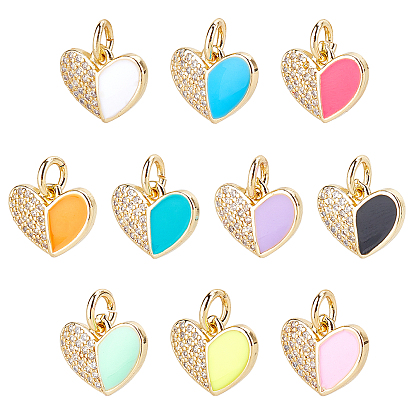 10Pcs 10 Colors Eco-Friendly Brass Micro Pave Clear Cubic Zirconia Enamel Pendant, with Jump Rings, Long-Lasting Plated, Heart, Real 18K Gold Plated