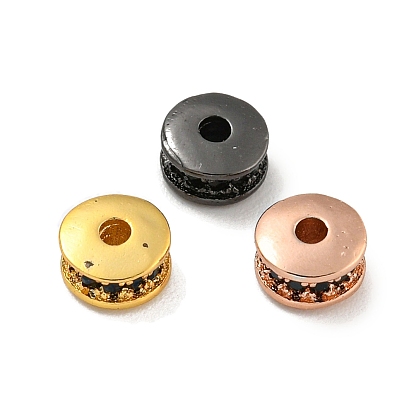 Brass Micro Pave Black Cubic Zirconia Beads, Cadmium Free & Nickel Free & Lead Free, Flat Round