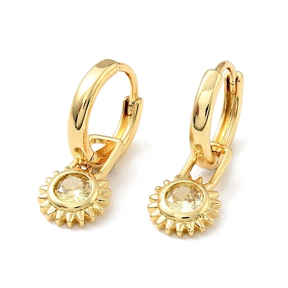 Clear Cubic Zirconia Sun Dangle Hoop Earrings, Rack Plating Brass Jewelry for Women, Cadmium Free & Nickel Free & Lead Free