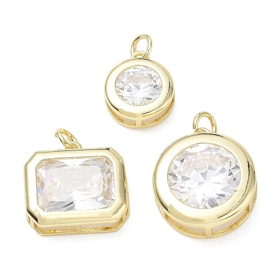 Brass Pave Clear Cubic Zirconia Pendants, Octagon/Flat Round Charms, Single Stone Charms, Long-Lasting Plated, Rack Plating, Lead Free & Cadmium Free