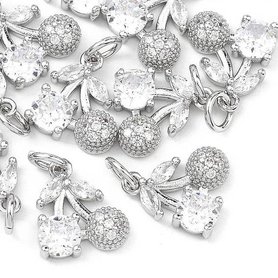 SHEGRACE Brass Micro Pave Clear Cubic Zirconia Pendants, Cadmium Free & Nickel Free & Lead Free, Cherry Charms