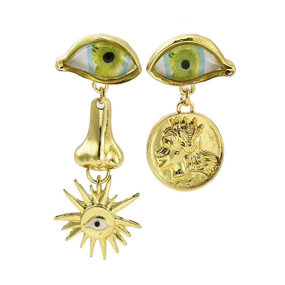 Серьги-гвоздики из сплава и смолы, дурной глаз и солнце, слева и справа