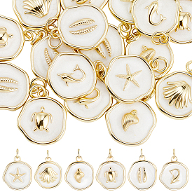 24 pièces 6 styles pendentifs en laiton émaillé sur le thème de l'océan, avec anneau de saut, réel 18 k plaqué or, charme plat rond