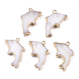 Natural Freshwater Shell Pendants, with Iron Loops, Brass Edge Golden Plated, Dolphin