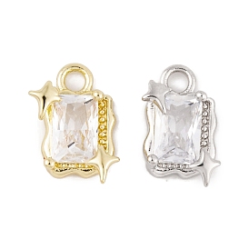 Brass Micro Pave Clear Cubic Zirconia Pendants, Long-Lasting Plated, Rectangle with Star Charms