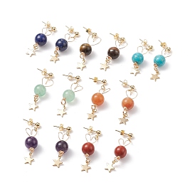 7 Pairs 7 Style Natural Mixed Gemstone Beaded Dangle Stud Earrings, Heart & Star 304 Stainless Steel Drop Earrings for Women, Golden