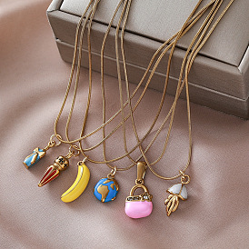 Vintage 304 Stainless Steel Enamel Pendant Necklaces for Women, Golden, Banana Cone Earth Jellyfish