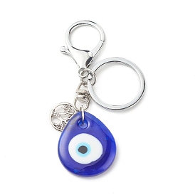 Alloy Keychains, with Tibetan Style Alloy Pendants and Handmade Lampwork Pendants, Teardrop with Evil Eye & Flat Round with Tree of Life