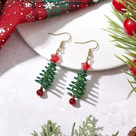 Серьги-подвески из латуни и стекла в форме рождественской елки с колокольчиком