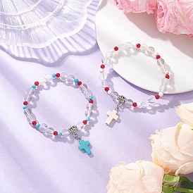 2шт. браслеты с подвесками в виде креста из синтетической бирюзы, Браслеты из синтетического кварцевого кристалла и окрашенного натурального малайзийского нефрита для женщин