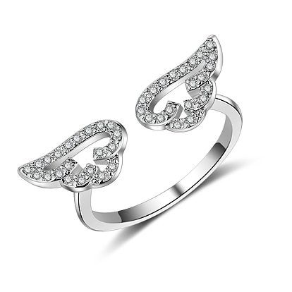 Crystal Rhinestone Wing Open Cuff Ring, Brass Jewelry for Women
