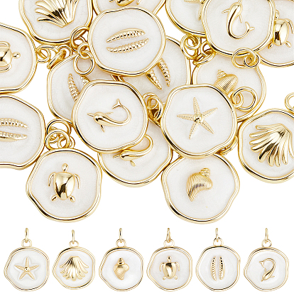 24 pièces 6 styles pendentifs en laiton émaillé sur le thème de l'océan, avec anneau de saut, réel 18 k plaqué or, charme plat rond