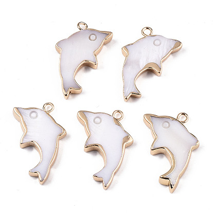 Natural Freshwater Shell Pendants, with Iron Loops, Brass Edge Golden Plated, Dolphin