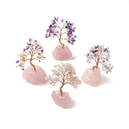 Natural Gemstone Tree Display Decoration, Natural Rose Quartz Base Feng Shui Ornament for Wealth, Luck, Rose Gold Brass Wires Wrapped