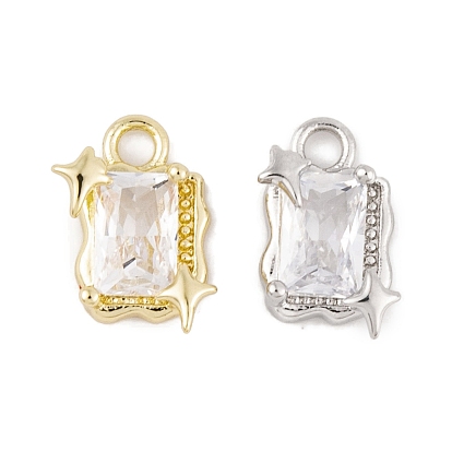 Brass Micro Pave Clear Cubic Zirconia Pendants, Long-Lasting Plated, Rectangle with Star Charms
