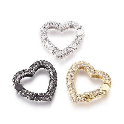 Brass Spring Gate Rings, with Clear Cubic Zirconia, Heart