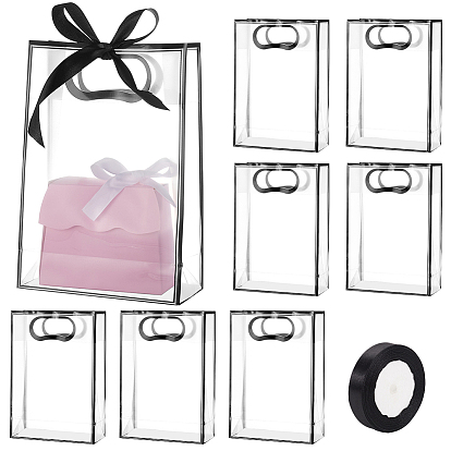 24 Rechteckige PVC-Geschenktüten mit Lochgriff für Süßigkeiten, Einkaufen mit 1 Rolle 25 Yards Polyesterband