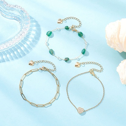 304 Цепочка из звеньев в форме сердца из нержавеющей стали и натуральных драгоценных камней 3 Многослойные ожерелья, золотые