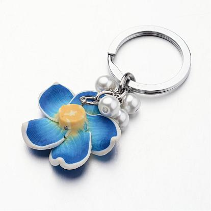 Platinum Tone Iron Keychain, with Handmade Polymer Clay Flower and Pearlized Glass Beads, 81mm
