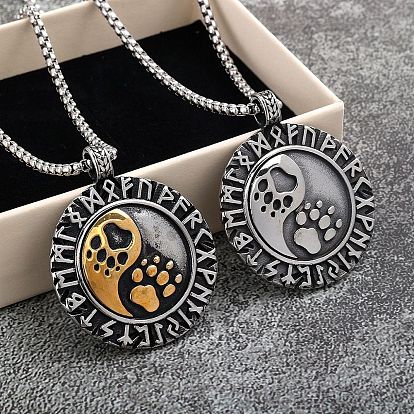 Collares vintage de acero inoxidable con colgante redondo plano vikingo con runa de huella de pata para hombre
