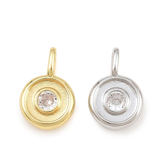 Brass Pave Clear Cubic Zirconia Charms, Flat Round Charms, Rack Plating, Long-Lasting Plated, Lead Free & Cadmium Free