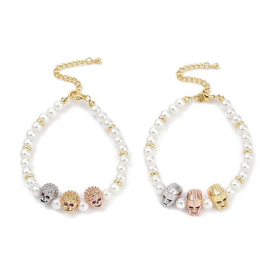 Браслеты с подвесками из латуни с микропаве из кубического циркония, с abs имитационными жемчужными бусинами , без кадмия и без свинца, долговечный, череп
