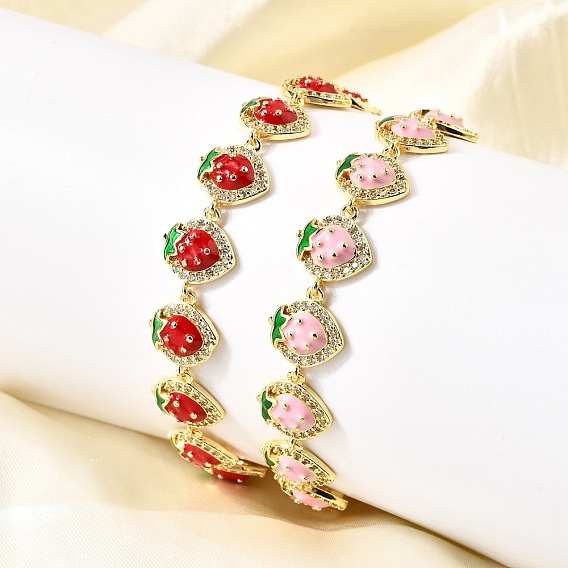 Латунь микро проложить кубического циркония браслеты ссылку, клубника, с эмалью, стойки покрытие, долговечный, без свинца и без кадмия, реальный 18 k позолоченный