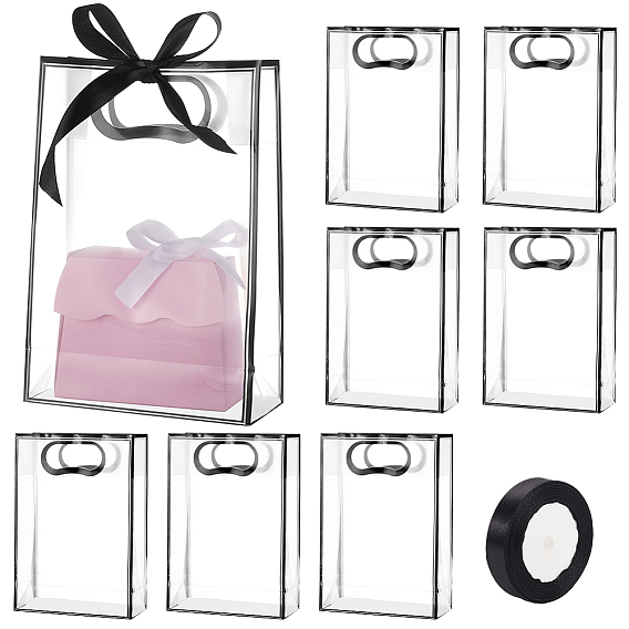 24Pcs Rectangle PVC Gift Bags with Hole Handle for Candy, Shopping with 1 Roll 25 Yards Polyester Ribbon
