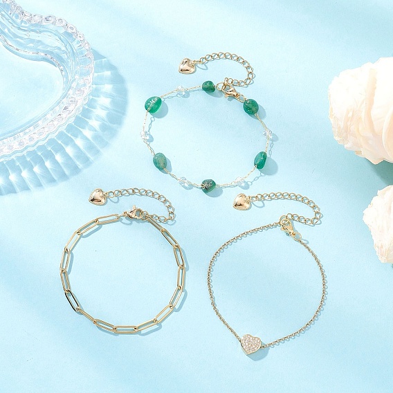 304 Цепочка из звеньев в форме сердца из нержавеющей стали и натуральных драгоценных камней 3 Многослойные ожерелья, золотые