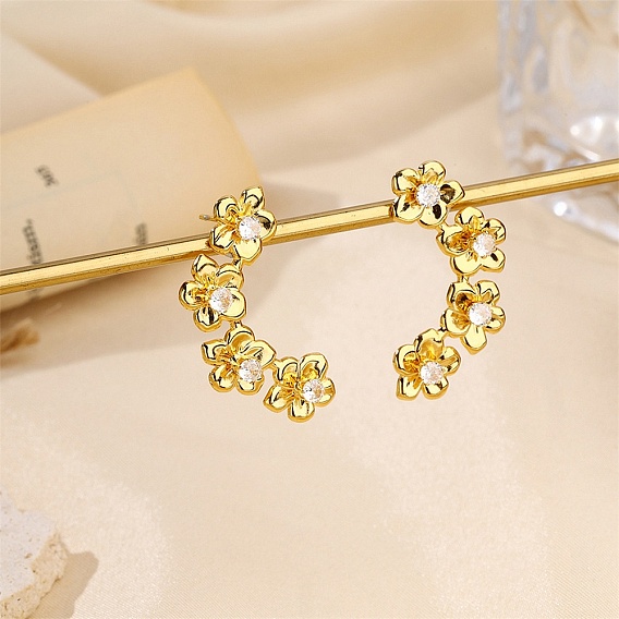 304 de acero inoxidable aretes, flor, con diamante de imitación