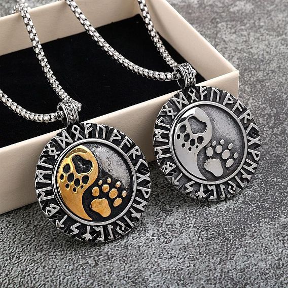 Vintage 304 Stainless Steel Viking Flat Round with Paw Print Rune Pendant Necklaces for Men