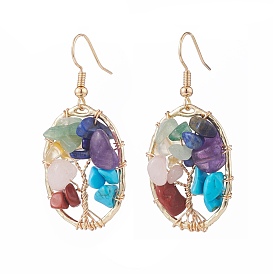 Natural & Synthetic Mixed Gemstone Chips Oval with Tree of Life Dangle Earrings, 7 Chakra Brass Wire Wrap Jewelry for Women
