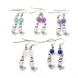 Болтаться серьги природный драгоценный камень, с крючками для серьги из сплава и 304 нержавеющей стали, русалка, старинное серебро и цвет нержавеющей стали