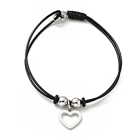 304 Stainless Steel Heart Charm Bracelet with Waxed Cord for Women