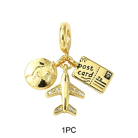 1pc thème de voyage en laiton micro pavé clair zircone cubique émail européen breloques pendantes, pendentifs terre, avion et carte postale à grand trou, sans cadmium et sans plomb, plaqué longue durée