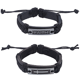 2шт. 2 стили браслет из сплава с крестом и словом веры, регулируемый браслет из искусственной кожи на шнурке для женщин