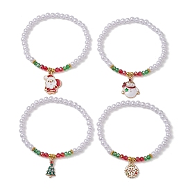 4Pcs 4 Styles Electroplate Glass & Imitated Pearl Acrylic Beaded Stretch Bracelet Sets, Christmas Tree & Santa Claus Alloy Enamel Charm Stackable Bracelets for Women