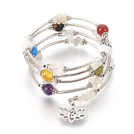 Natural/Synthetic Gemstone and Resin Wrap Bracelets, Five Loops, with Metal Findings, Lotus with Ohm/Aum