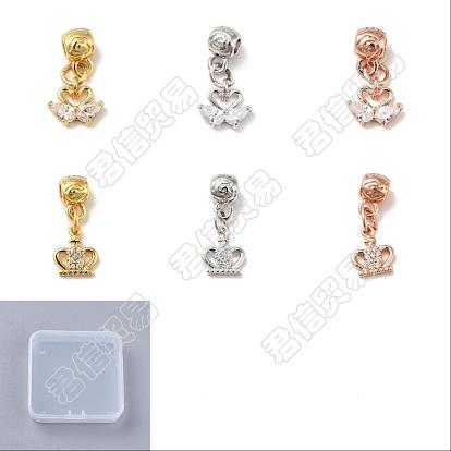 6Pcs 6 Style Rack Plating Brass Micro Pave Clear Cubic Zirconia Pendants, Long-Lasting Plated, Cadmium Free & Lead Free, Swan & Crown