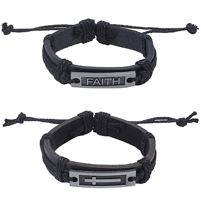 2шт. 2 стили браслет из сплава с крестом и словом веры, регулируемый браслет из искусственной кожи на шнурке для женщин